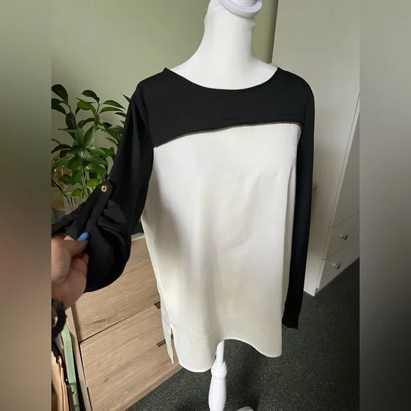 CALVIN KLEIN Black & White Colorblock Business Casual 3/4 Long Adjustable Sleeve - Picture 6 of 16